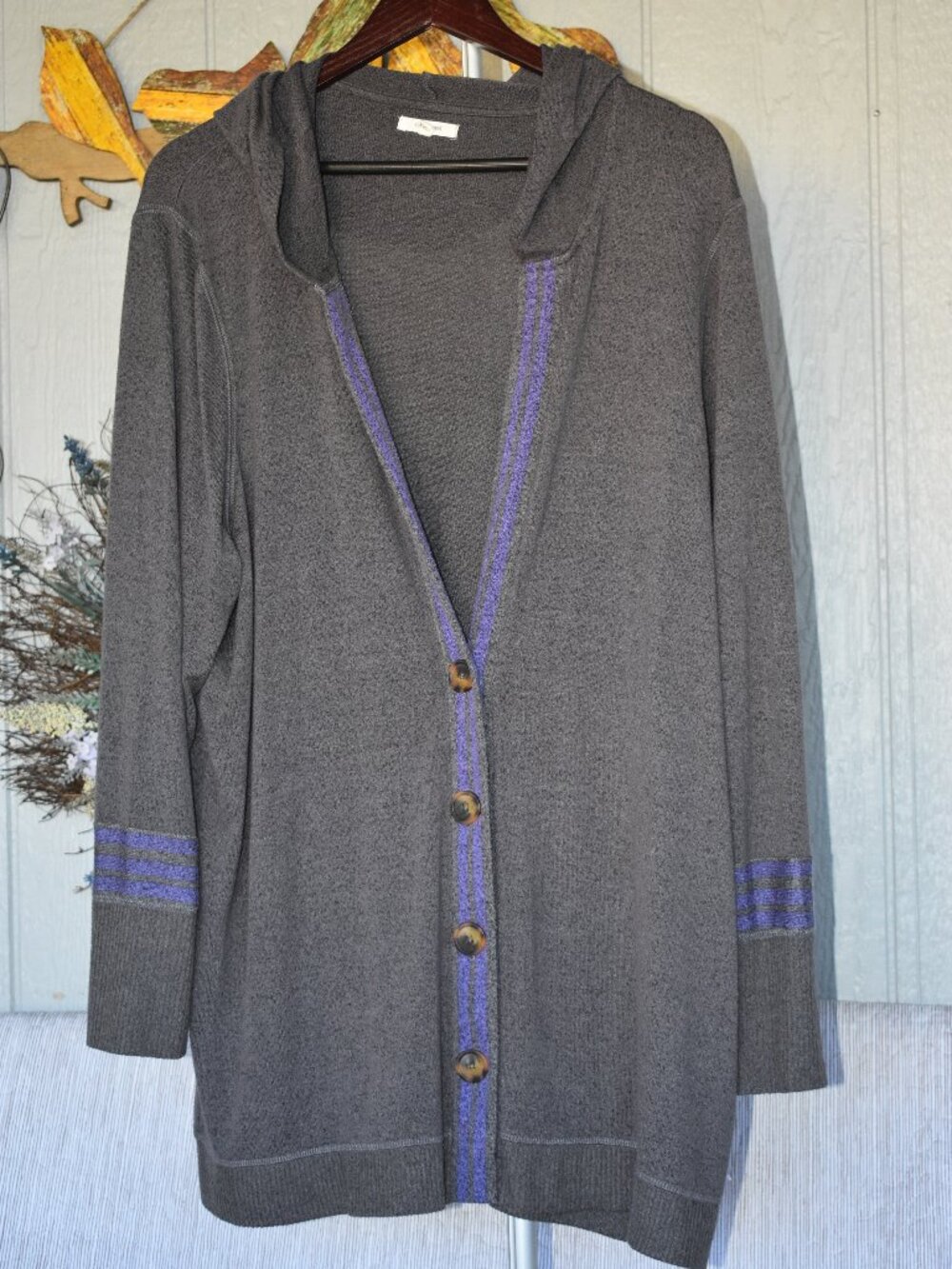 Maurices Gray Knit Hooded Cardigan Sweater Size XXL Purple Trim Button Up
